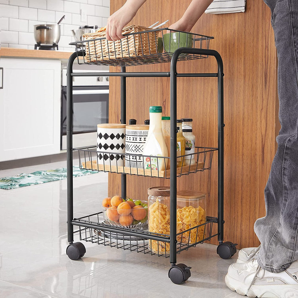 3-Tier Metal Rolling Cart on Wheels with Removable Shelves Black