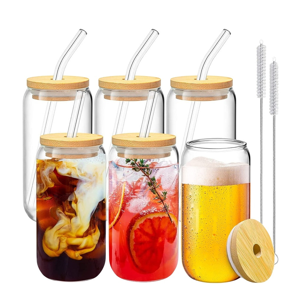 6 Pcs Clear Drinking Glasses with Bamboo Lids and Glass Straw 16 Oz