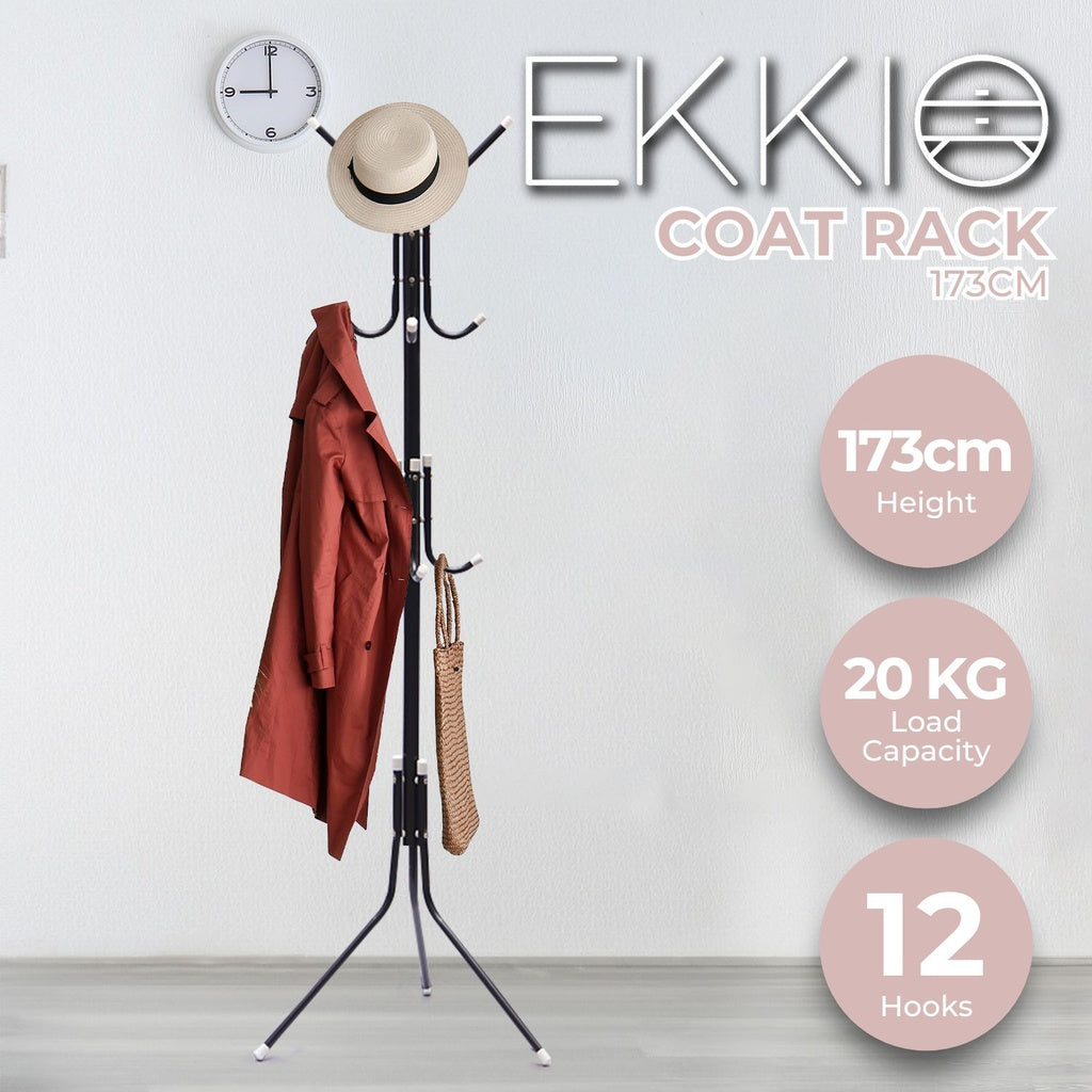 12 Hook Metal Coat Rack Stand with 3-Tier Hat Hanger Black