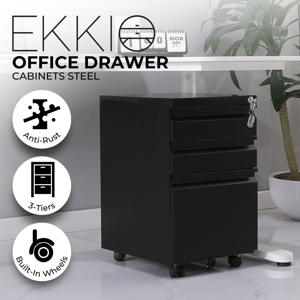 3 Drawer Mobile File Cabinet with Lock (Black)