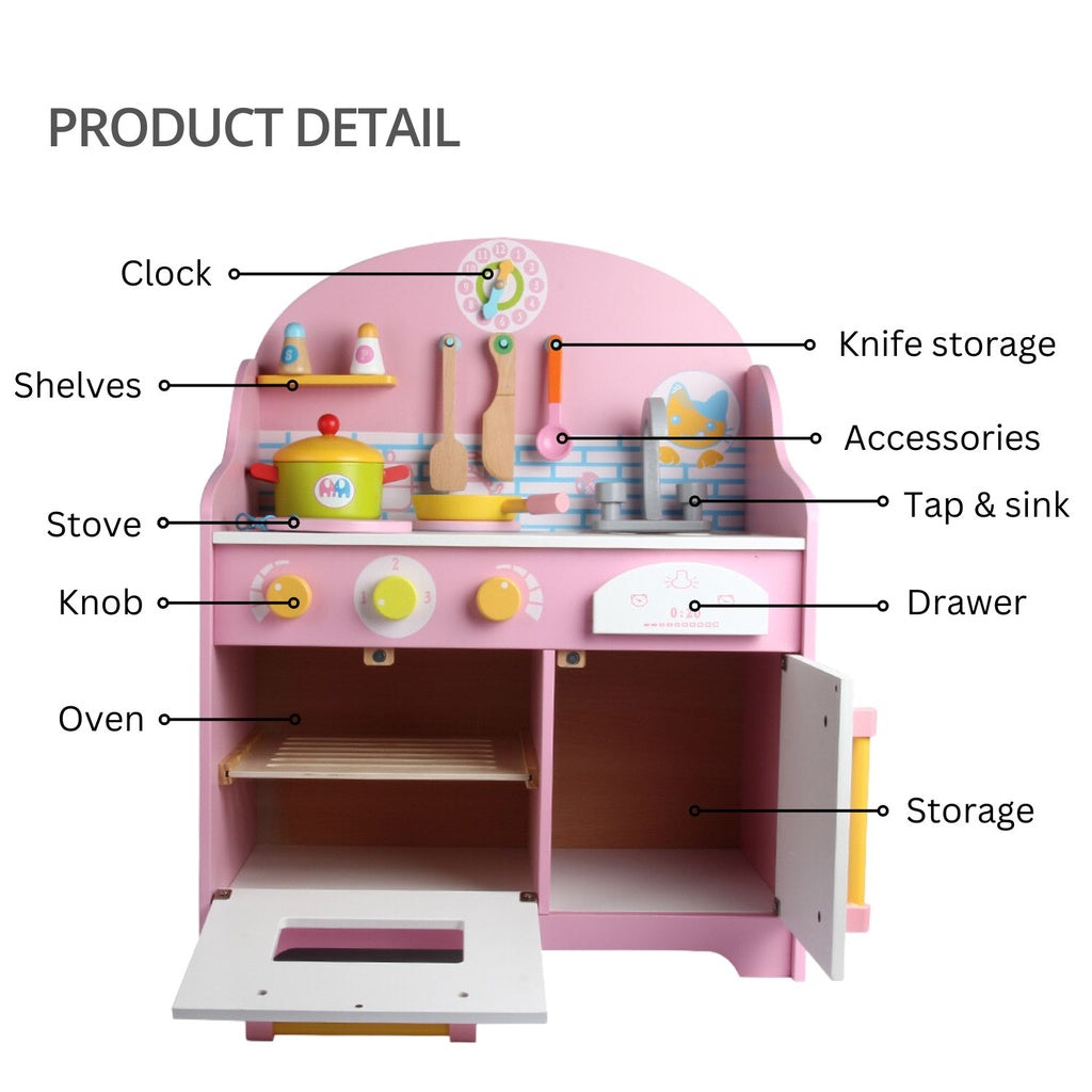 Wooden Kitchen Playset for Kids with Clock (Japanese Style Kitchen Set, Pink) EK-KP-109-MS