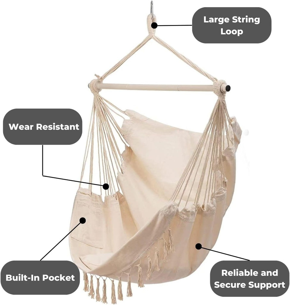 Hammock Chair Swing with Cushion and Pillow Weather-Resistant, Easy Assembly, 360° Rotation, Sturdy, Beige