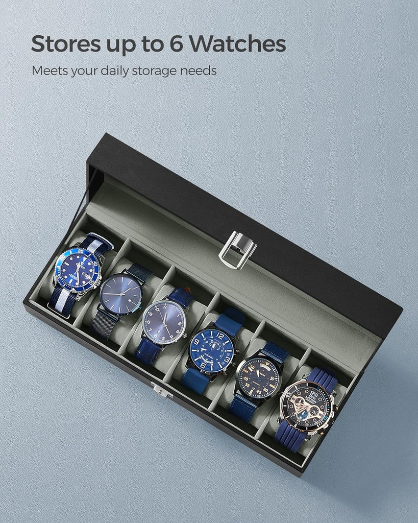 Watch Box for 6 Watches with Glass Lid and Removable Watch Pillows Black Synthetic Leather Grey Lining