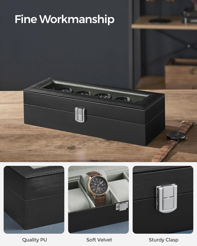 Watch Box for 6 Watches with Glass Lid and Removable Watch Pillows Black Synthetic Leather Grey Lining