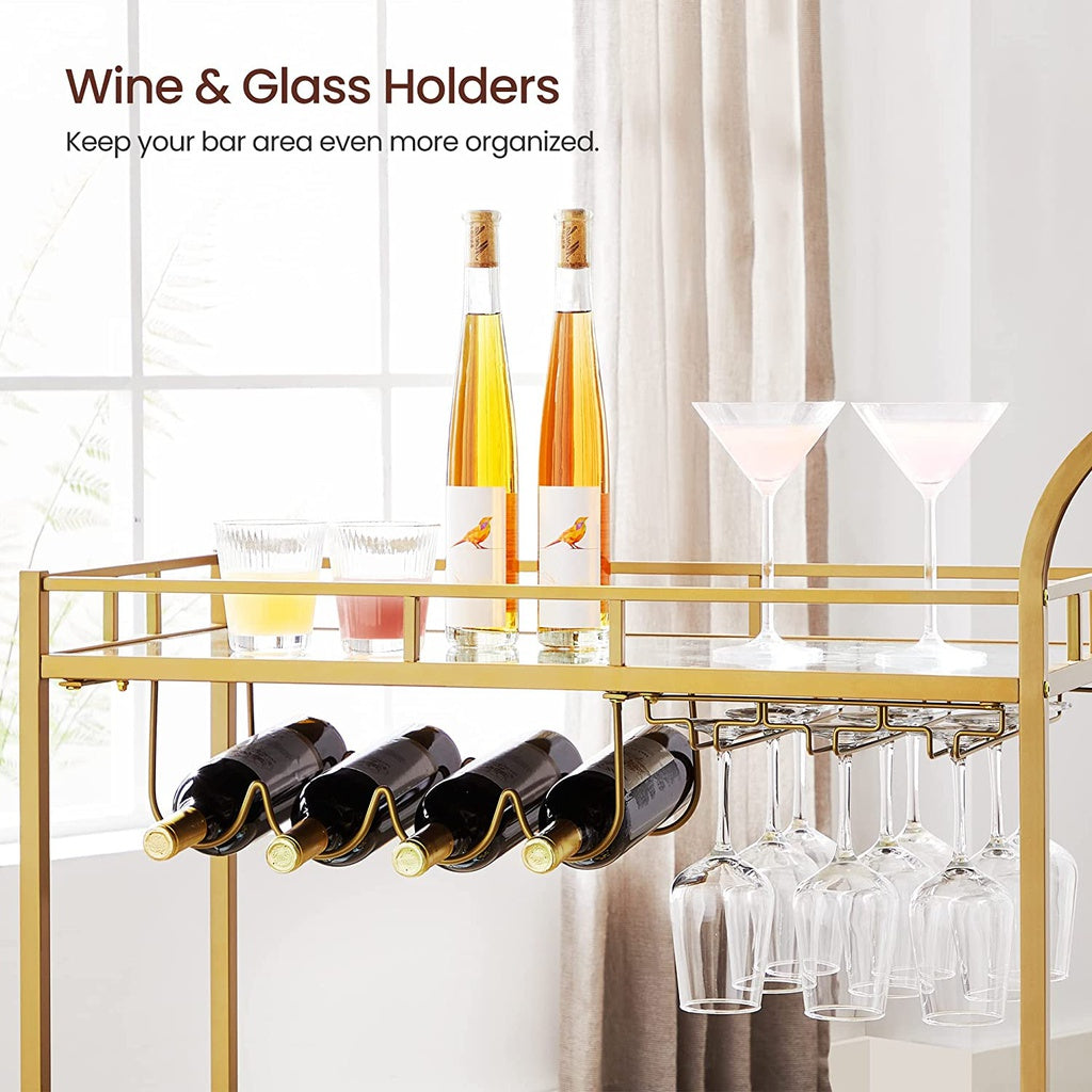 Gold Bar Serving Wine Cart With Wheels And Wine Bottle Holders