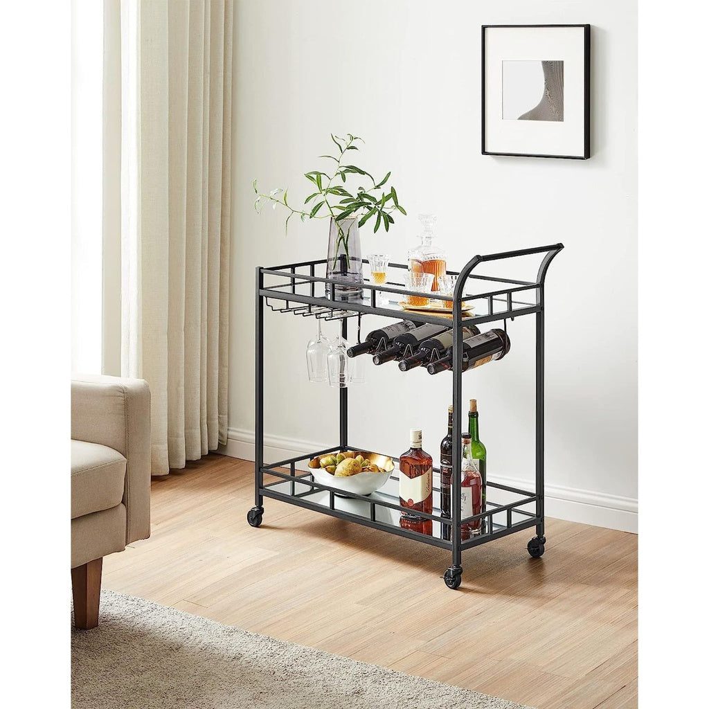 Bar Serving Wine Cart With Wheels And Wine Bottle Holders Black LRC090B62