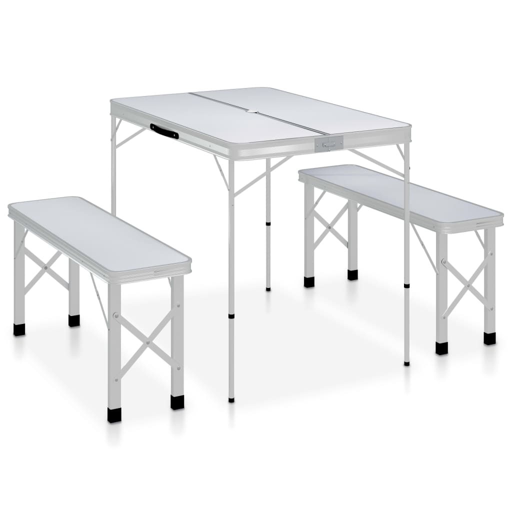 Folding Camping Table with 2 Benches Aluminium White