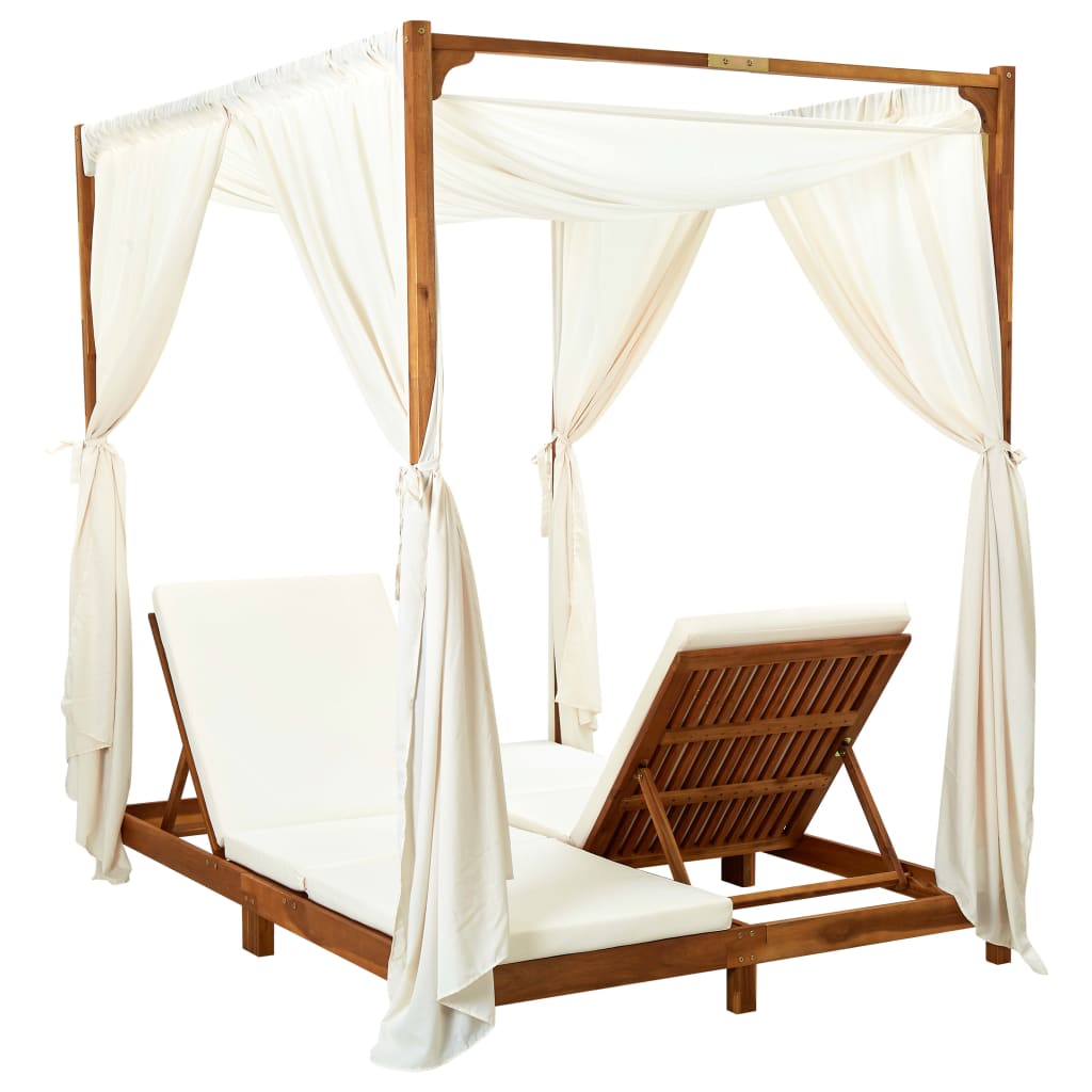 Double Sun Lounger with Curtains & Cushions Solid Acacia Wood