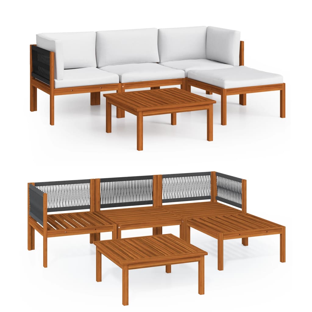 5 Piece Garden Lounge Set with Cushions Cream Solid Acacia Wood