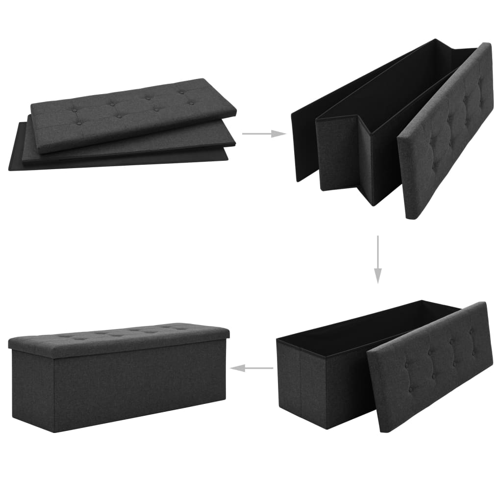Folding Storage Bench Black Faux Linen