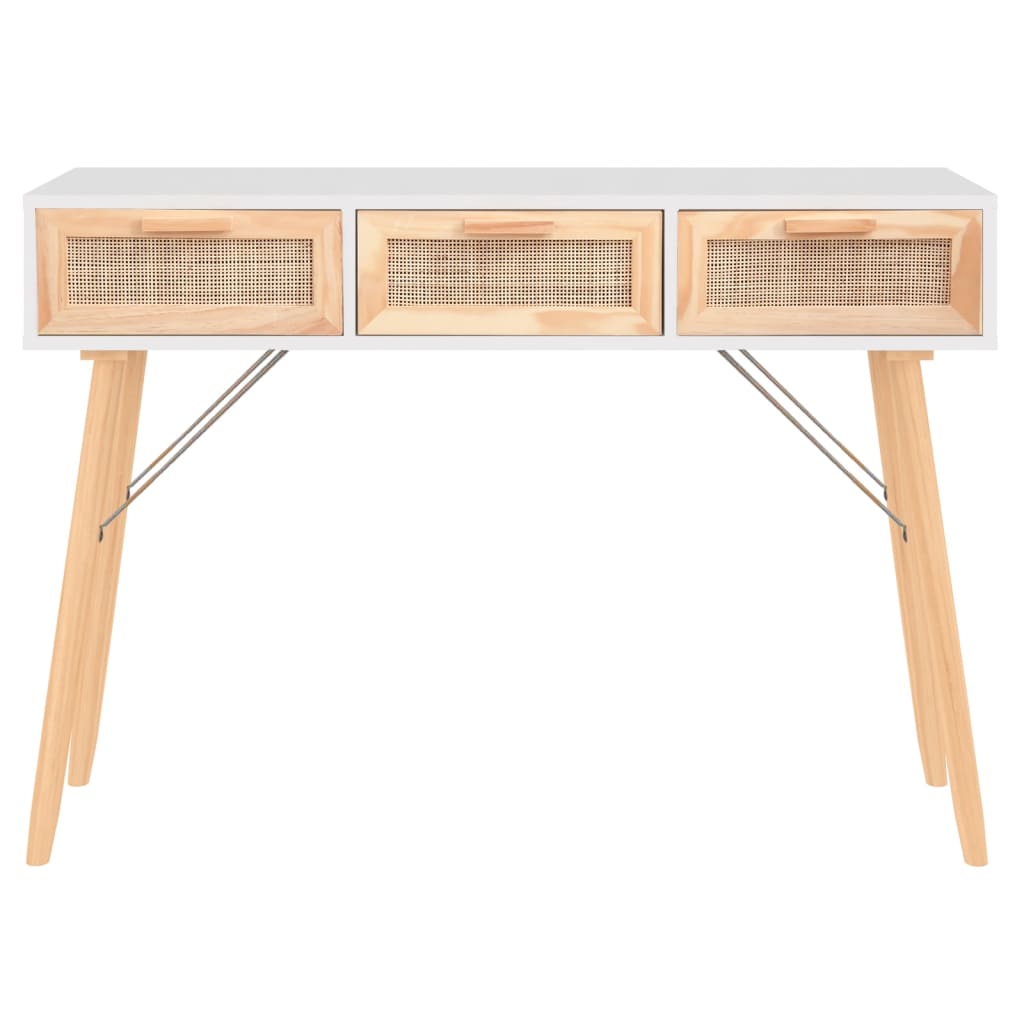Console Table White 105x30x75 cm Solid Wood Pine&Natural Rattan