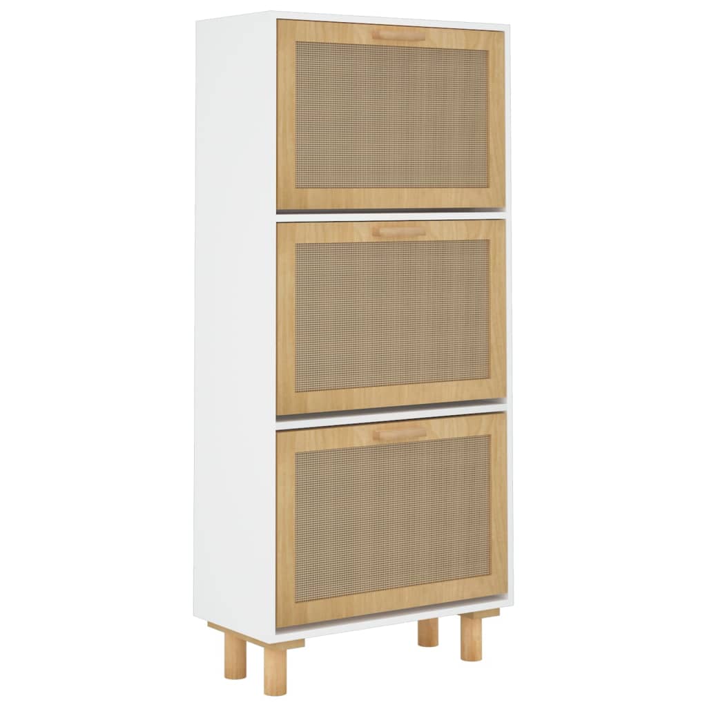 Shoe Cabinet White 52x25x115 cm Engineered Wood and Natural Rattan