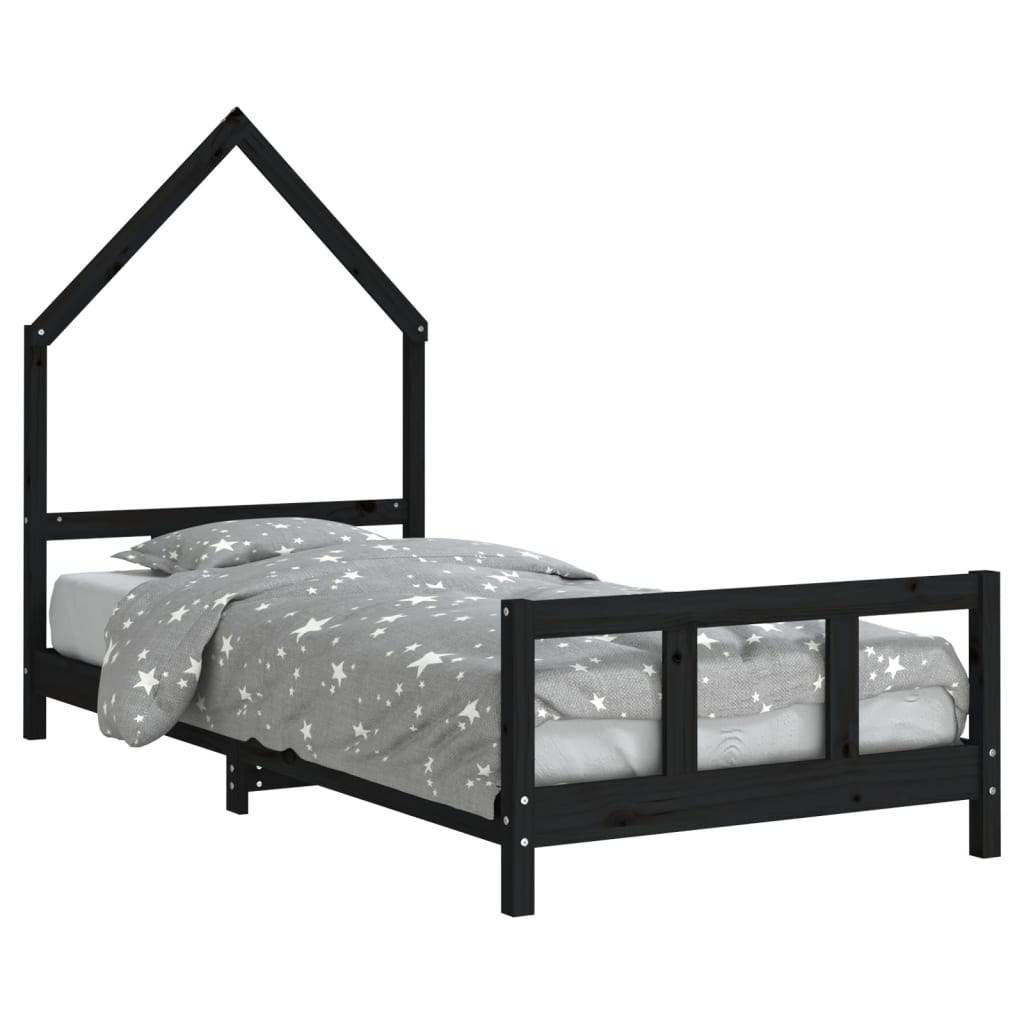 Kids Bed Frame Black 92x187 cm Single Solid Wood Pine