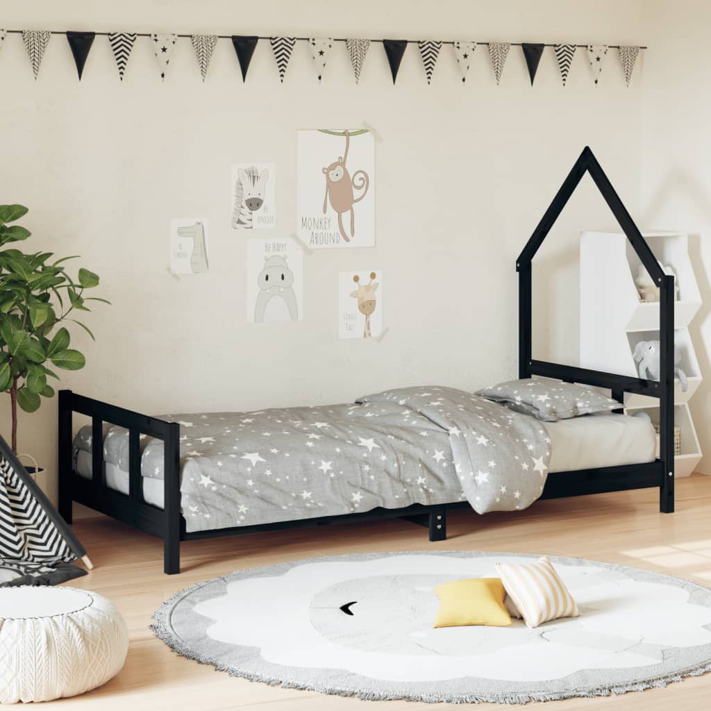 Kids Bed Frame Black 92x187 cm Single Solid Wood Pine