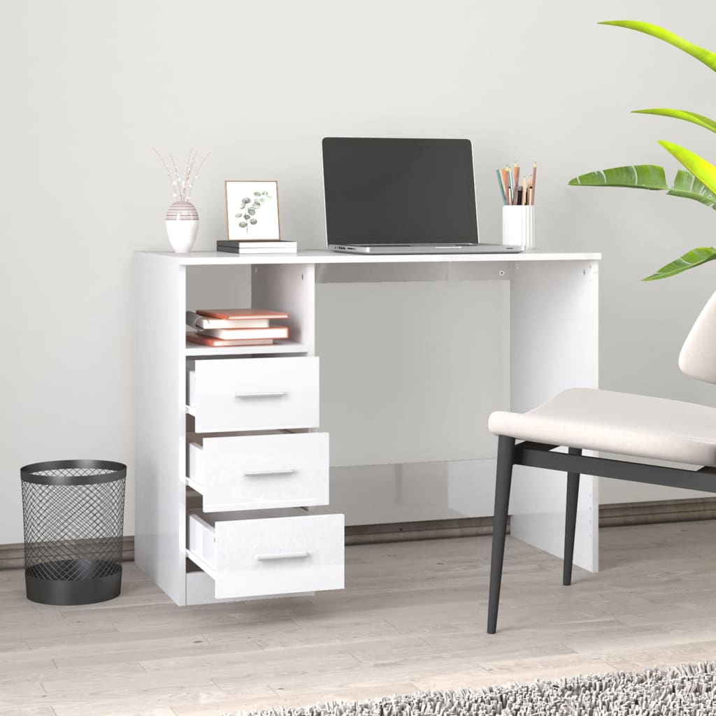 Desk with Drawers High Gloss White 102x50x76 cm Engineered Wood