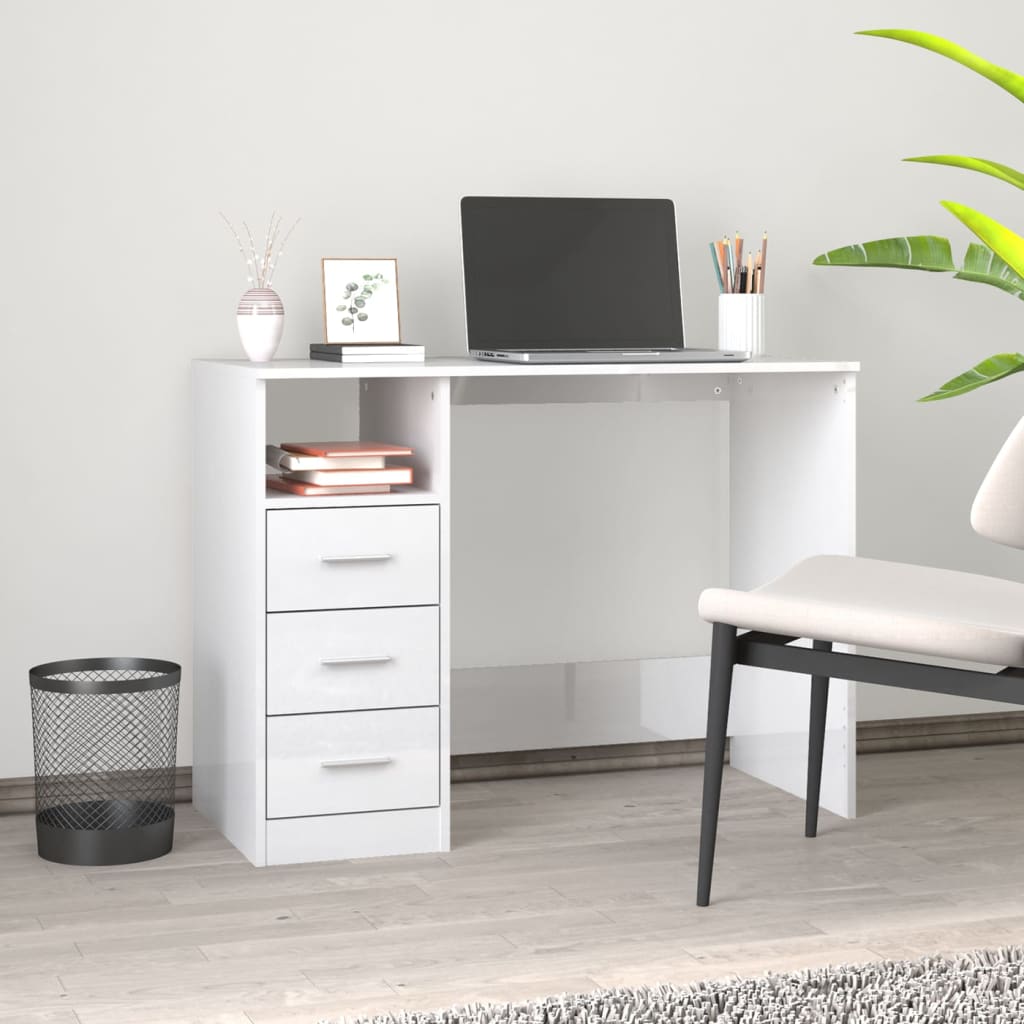 Desk with Drawers High Gloss White 102x50x76 cm Engineered Wood