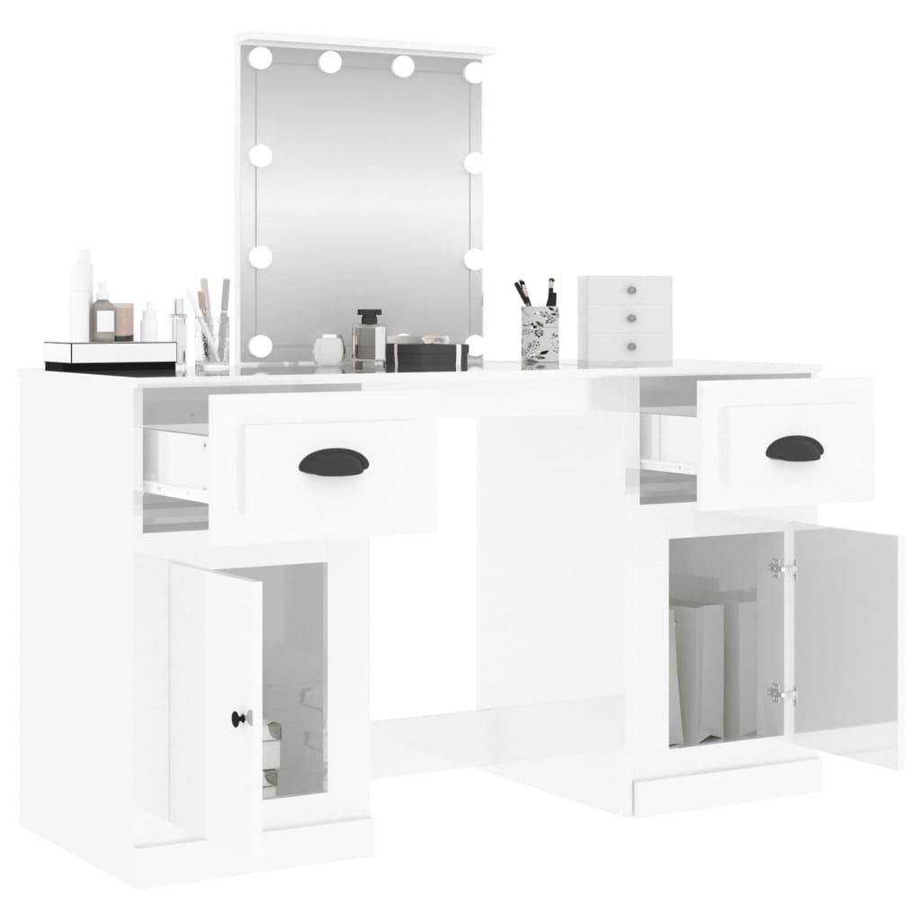 Dressing Table with LED High Gloss White 130x50x132.5 cm