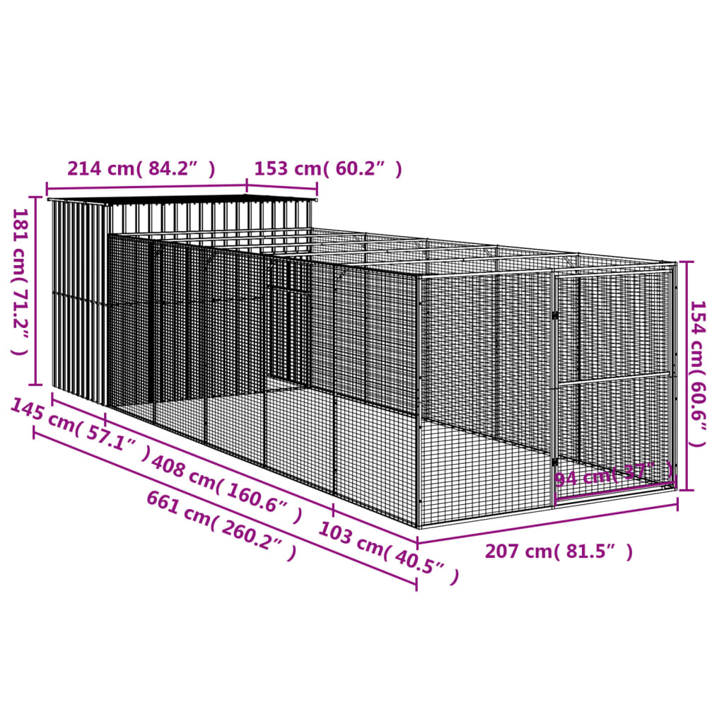 Dog House with Run Anthracite 214x661x181 cm Galvanised Steel