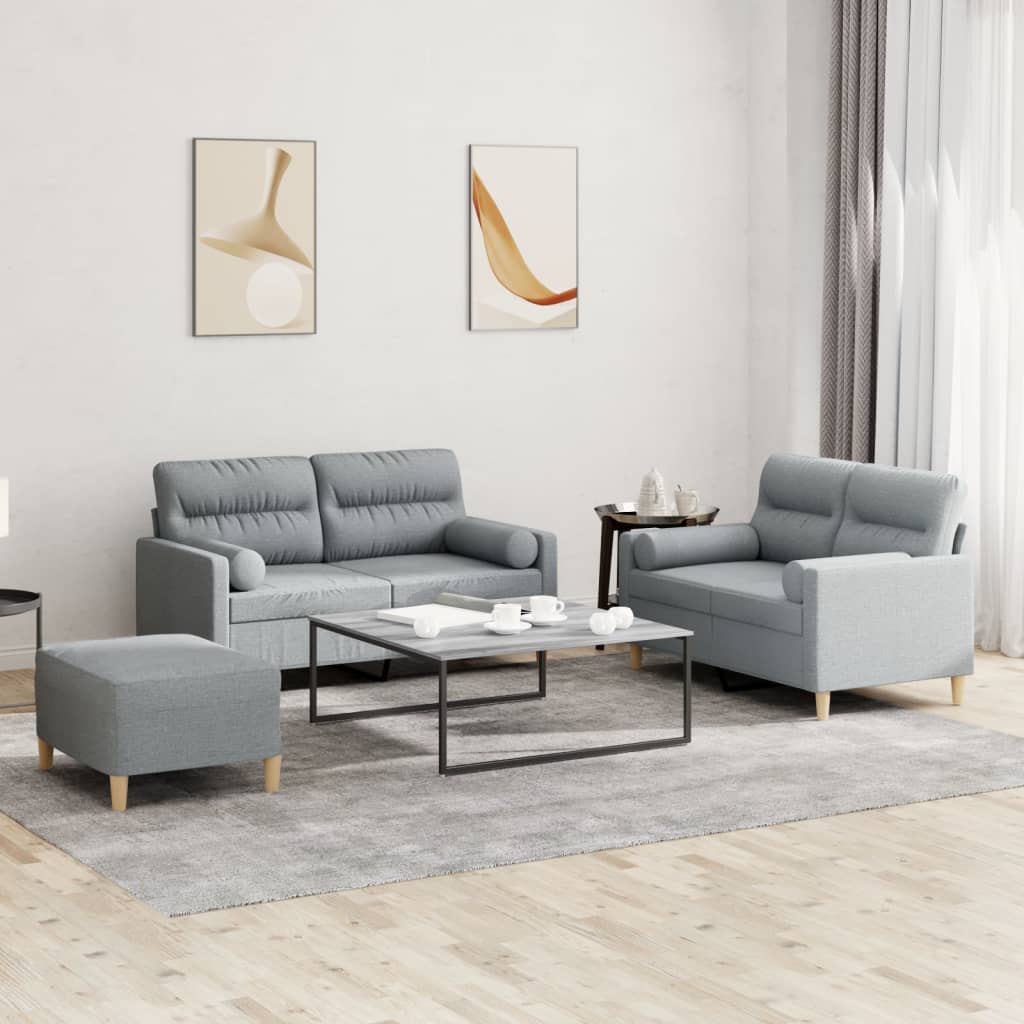 3 Piece Sofa Set with Pillows Light Grey Fabric