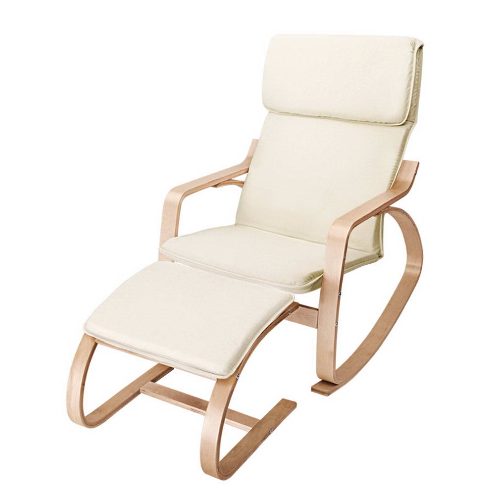 Rocking Armchair Bentwood Frame With Foot Stool Beige