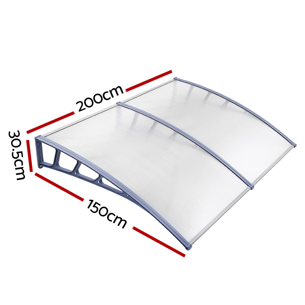 Window Door Awning Canopy 1.5mx2m Transparent Sheet Grey Plastic Frame