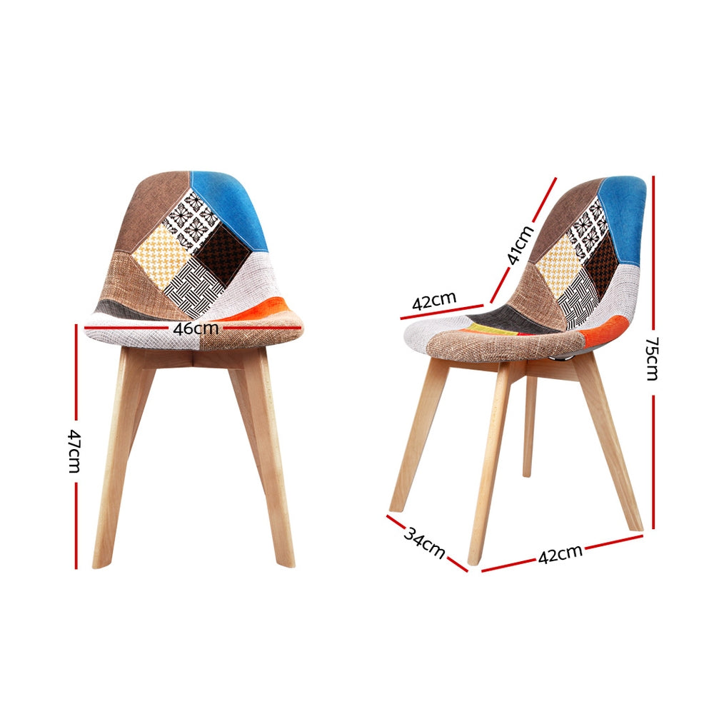 Set of 2 Retro Beech Fabric Dining Chair  Multi Colour