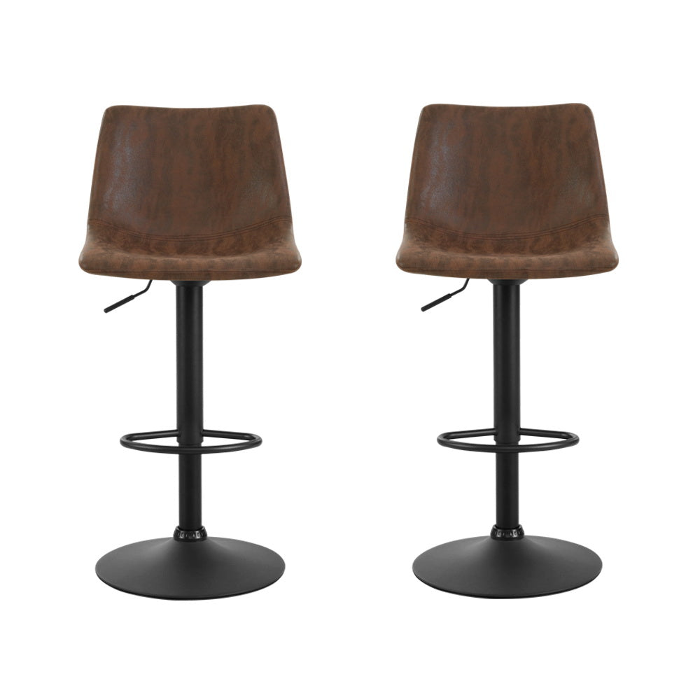 2x Bar Stools Vintage Leather Swivel Gas Lift Brown