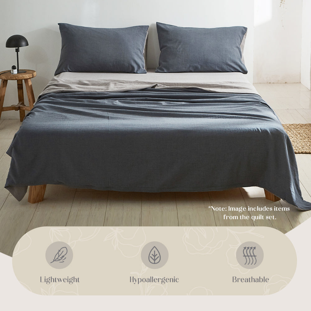Cotton Bed Sheets Set Navy Grey Cover Double