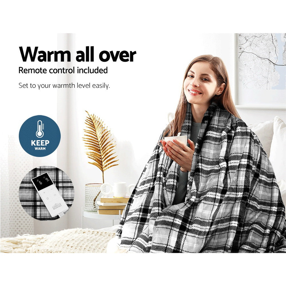 Electric Throw Rug Flannel Snuggle Blanket Washable Heated Grey and White Checkered