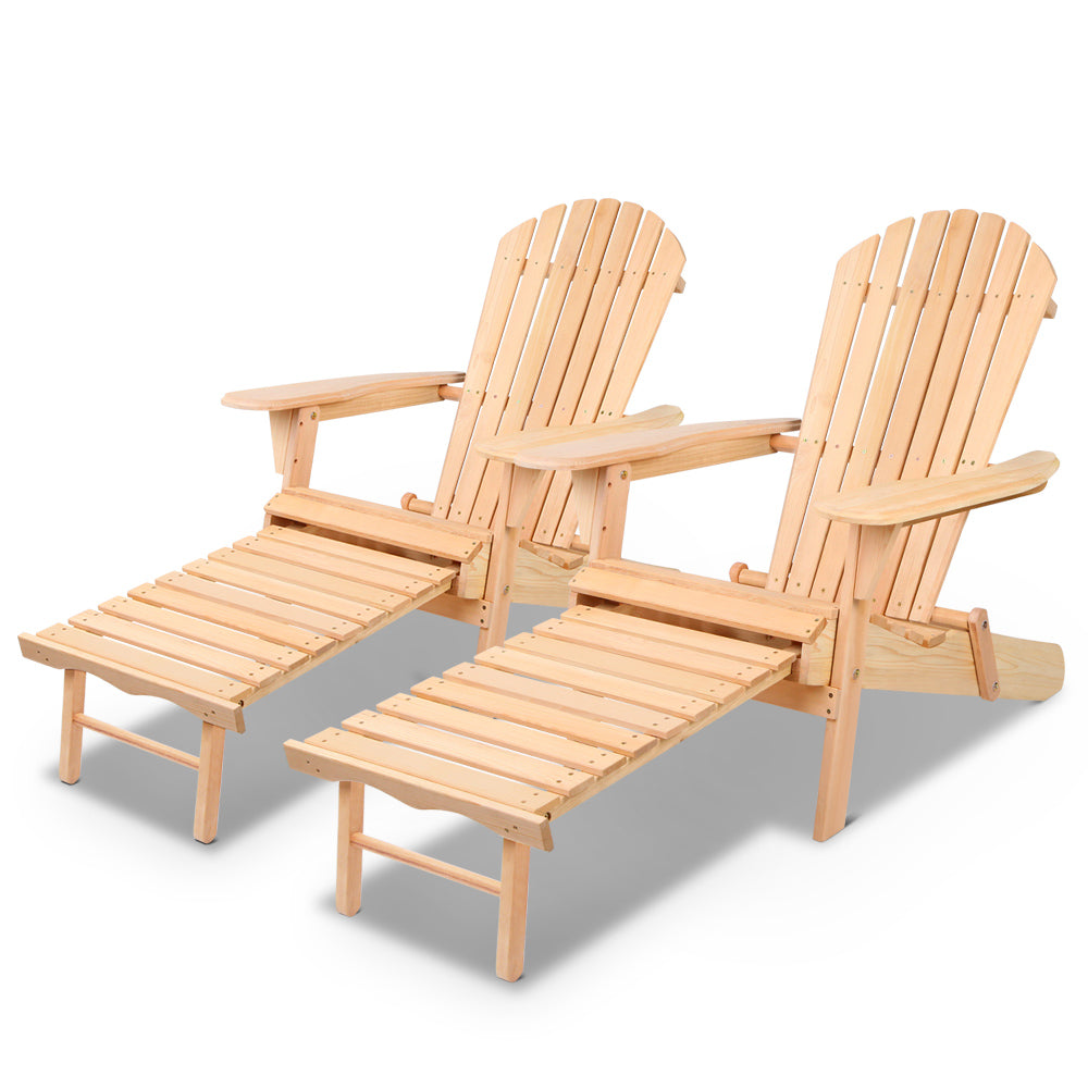 2PC Adirondack Outdoor Chairs Wooden Sun Lounge Patio Furniture Garden Natural