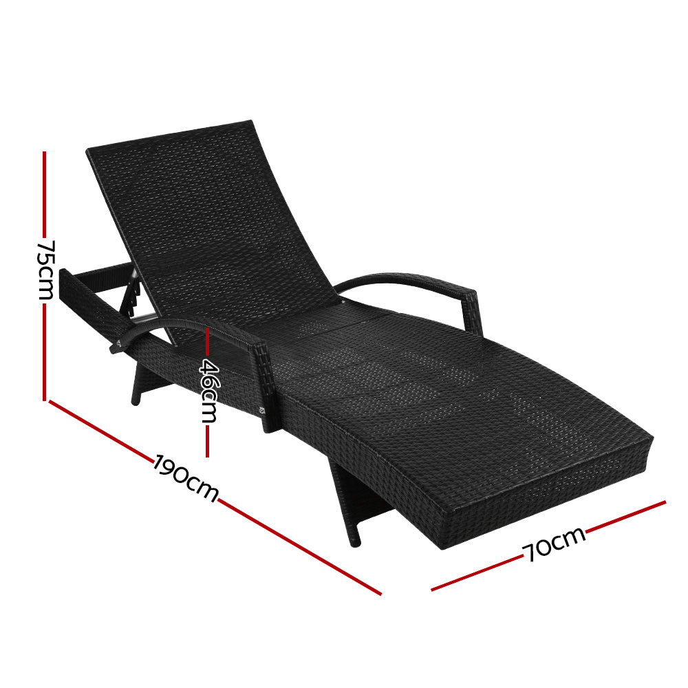 2PC Sun Lounge Wicker Lounger Outdoor Furniture Beach Chair Patio Adjustable Cushion Black