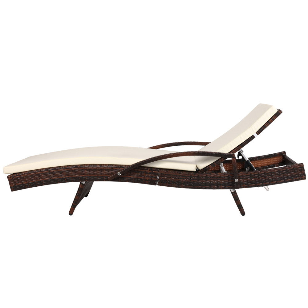 Sun Lounge Wicker Lounger Outdoor Furniture Beach Chair Patio Adjustable Cushion Brown
