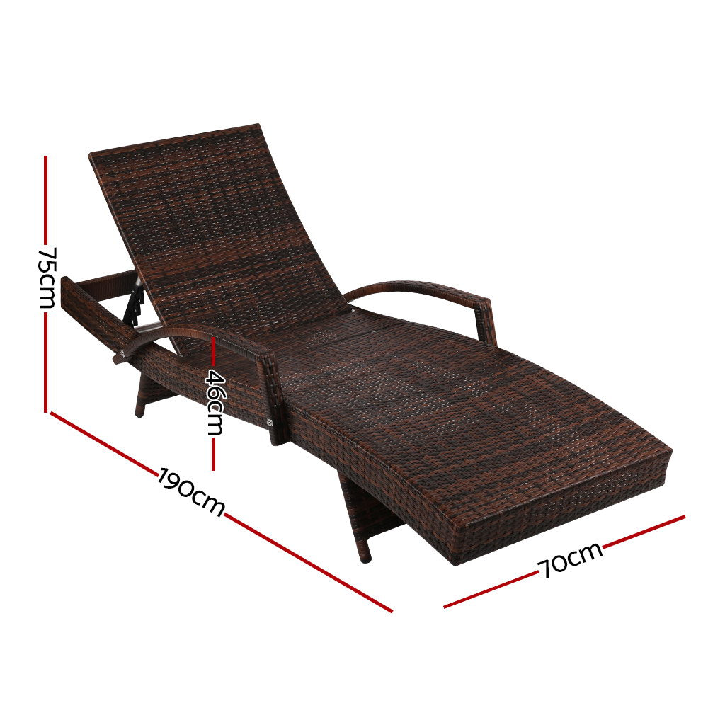 2PC Sun Lounge Wicker Lounger Outdoor Furniture Beach Chair Patio Adjustable Cushion Brown