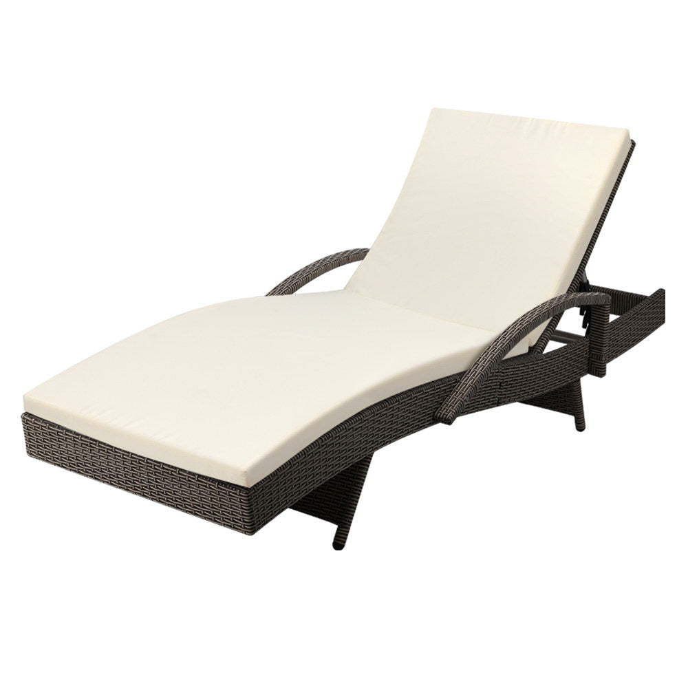 Sun Lounge Wicker Lounger Outdoor Furniture Beach Chair Patio Adjustable Cushion Grey&Beige