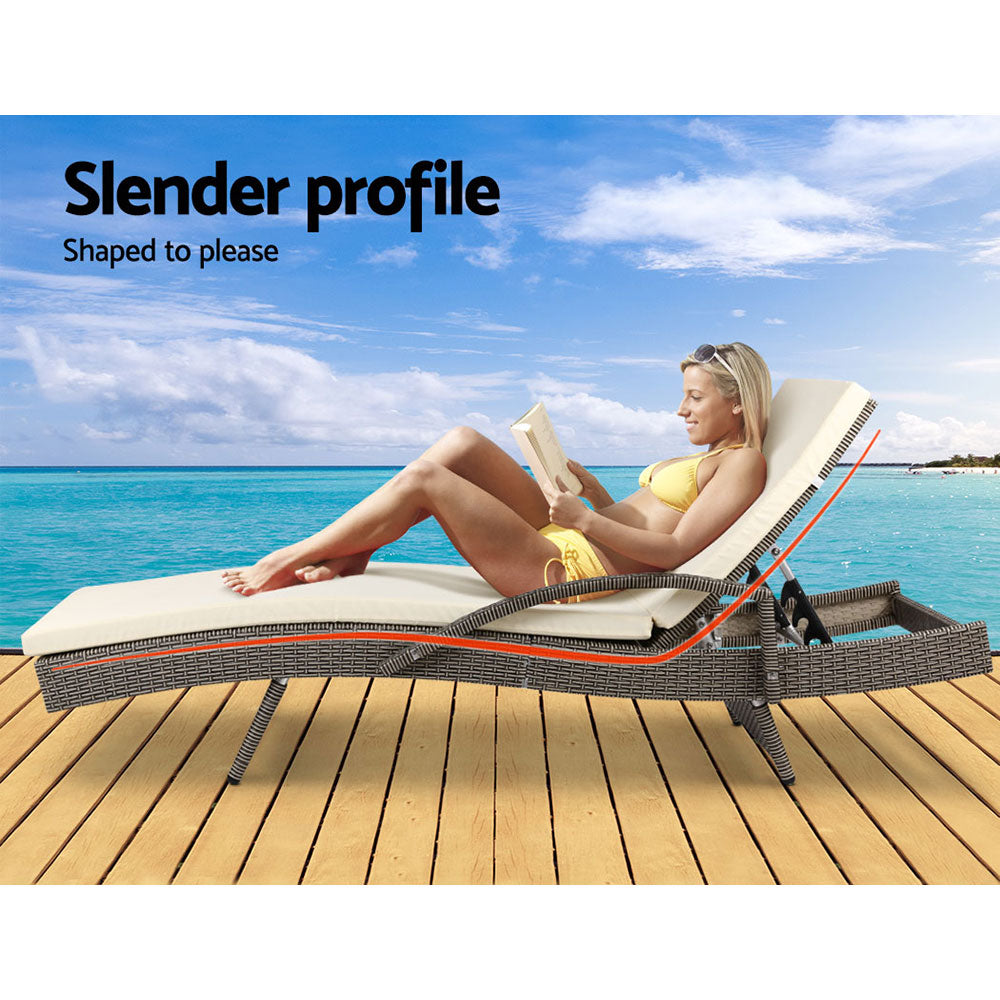 2PC Sun Lounge Wicker Lounger Outdoor Furniture Beach Chair Adjustable Cushion Grey&Beige