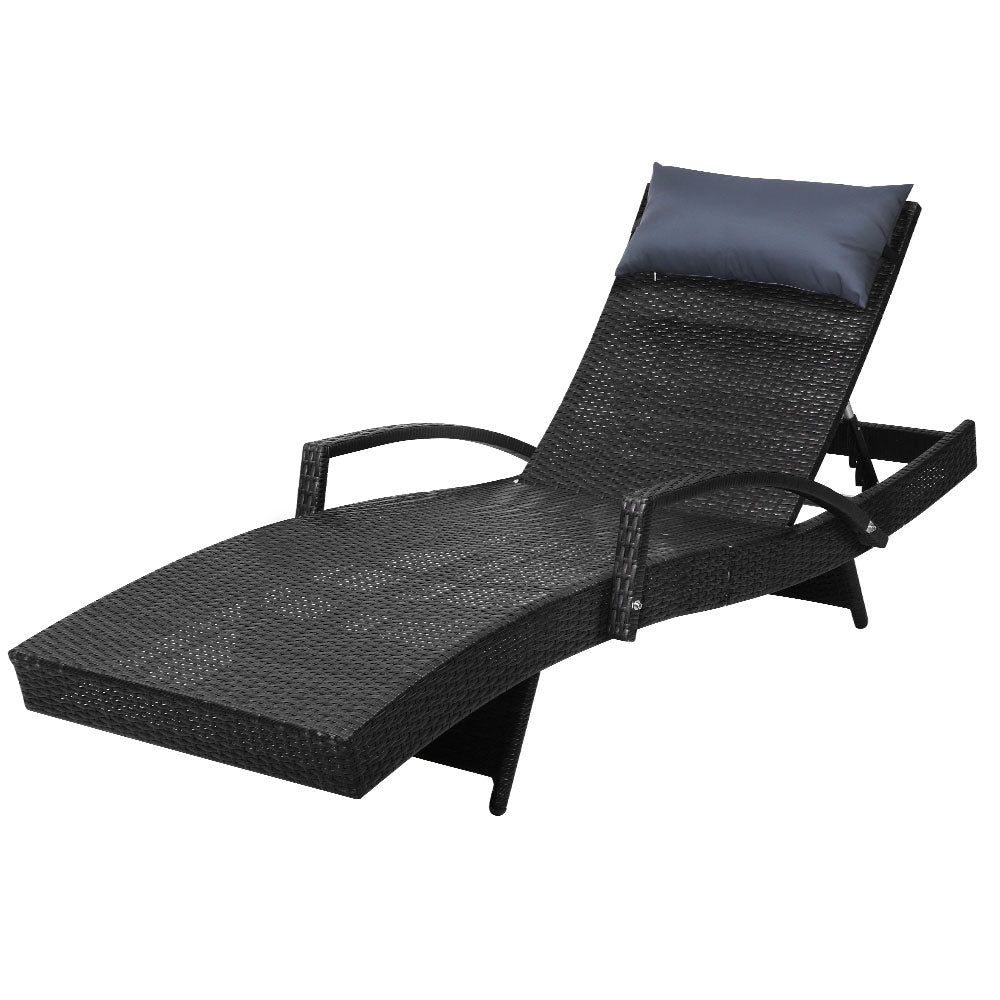 Sun Lounge Wicker Lounger Outdoor Furniture Beach Chair Armrest Adjustable Black