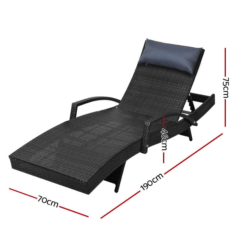 Sun Lounge Wicker Lounger Outdoor Furniture Beach Chair Armrest Adjustable Black