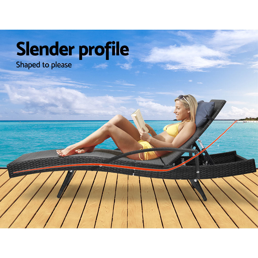 2x Sun Lounge Wicker Lounger Outdoor Furniture Beach Chair Armrest Adjustable Black