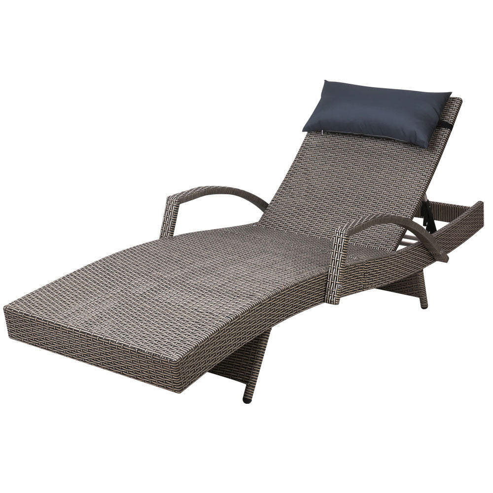 Sun Lounge Wicker Lounger Outdoor Furniture Beach Armchair Adjustable Grey&Beige