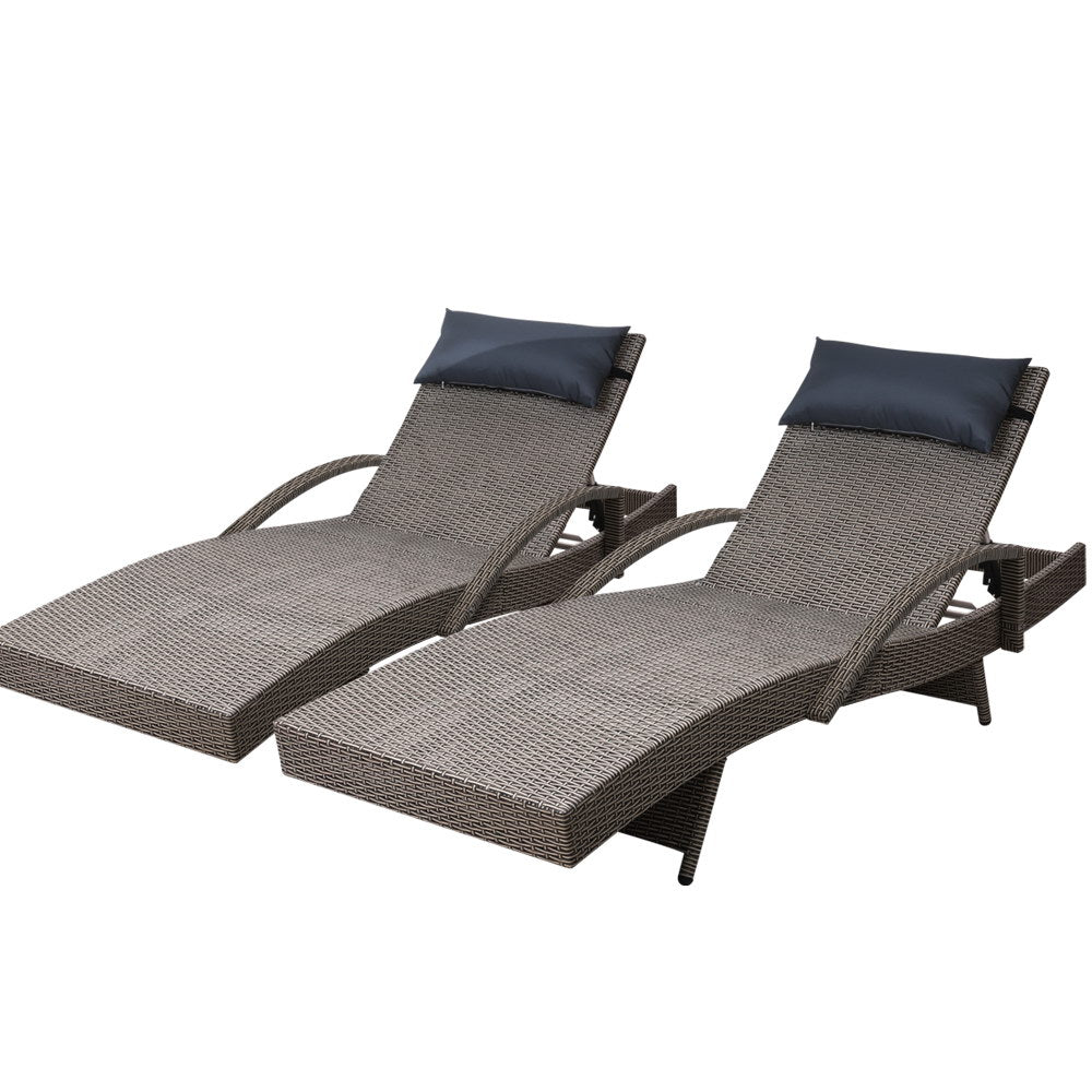 2x Sun Lounge Wicker Lounger Outdoor Furniture Beach Armchair Adjustable Grey&Beige