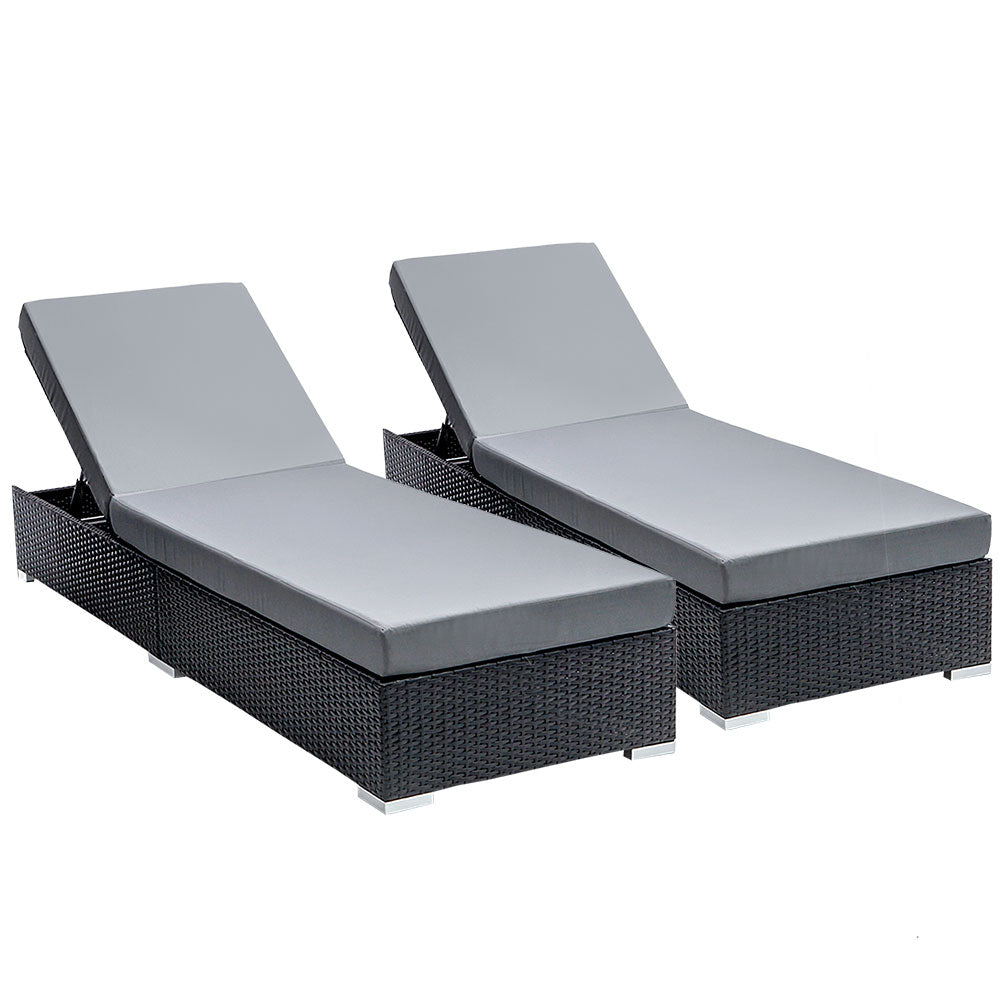 2PC Sun Lounge Wicker Lounger Outdoor Furniture Day Bed Adjustable Rattan Garden