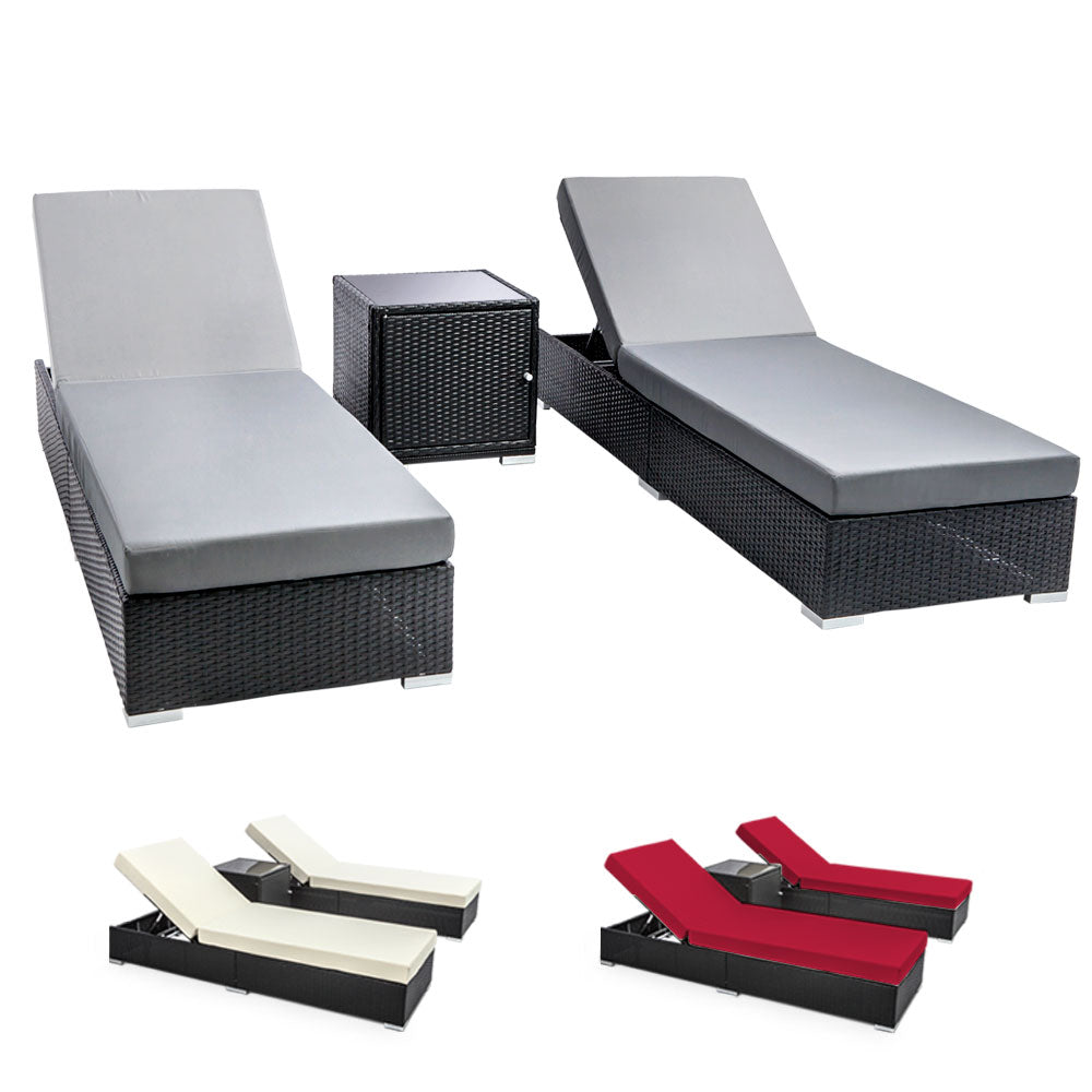 3PC Sun Lounge Wicker Lounger Outdoor Furniture Day Bed Rattan Garden