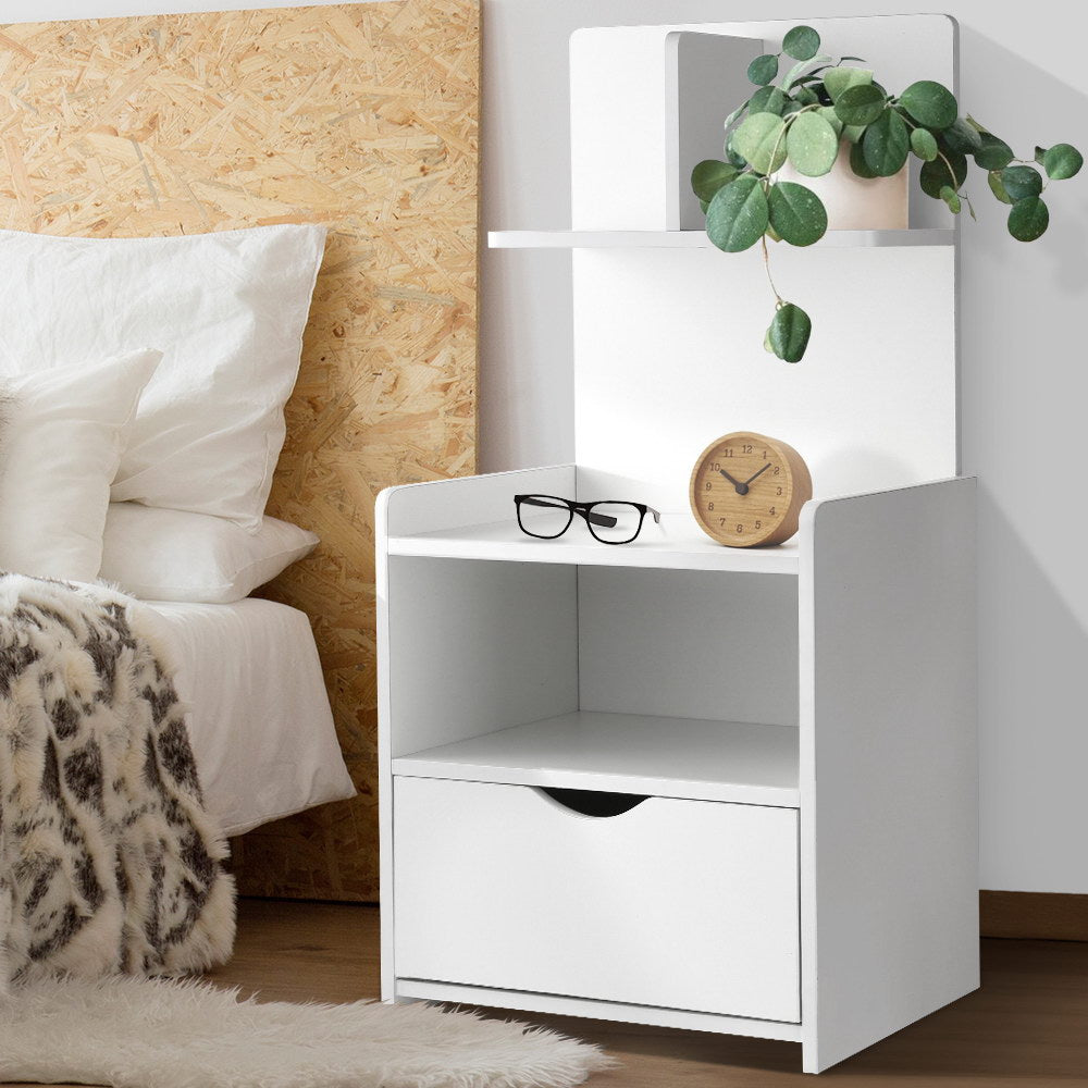 Bedside Table 1 Drawer with Shelves - EVERMORE White