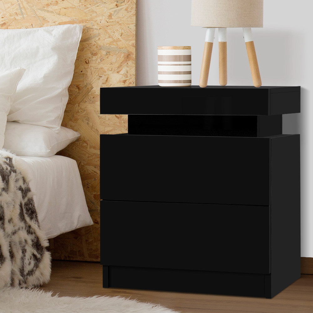 Bedside Table 2 Drawers Lift-up Storage - COLEY Black