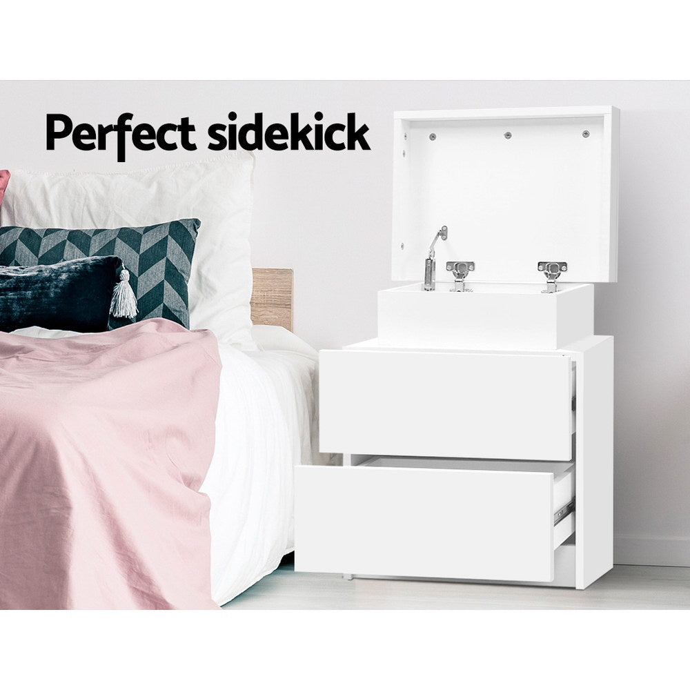 Bedside Table 2 Drawers Lift-up Storage - COLEY White