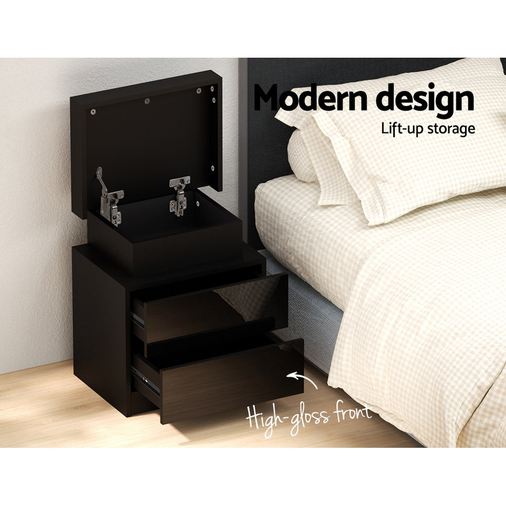 Bedside Table LED 2 Drawers Lift-up Storage - COLEY Black