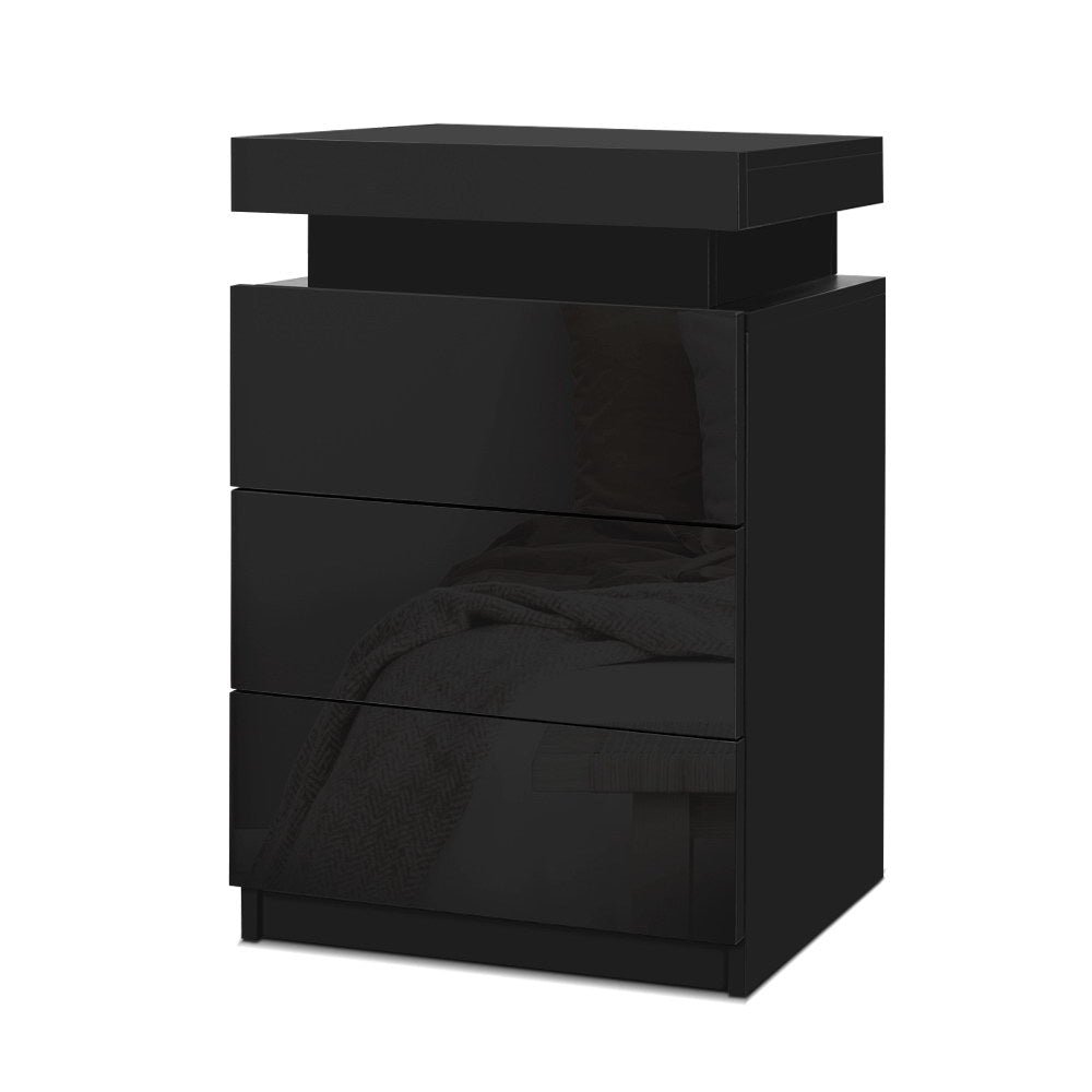 Bedside Table LED 3 Drawers - COLEY Black