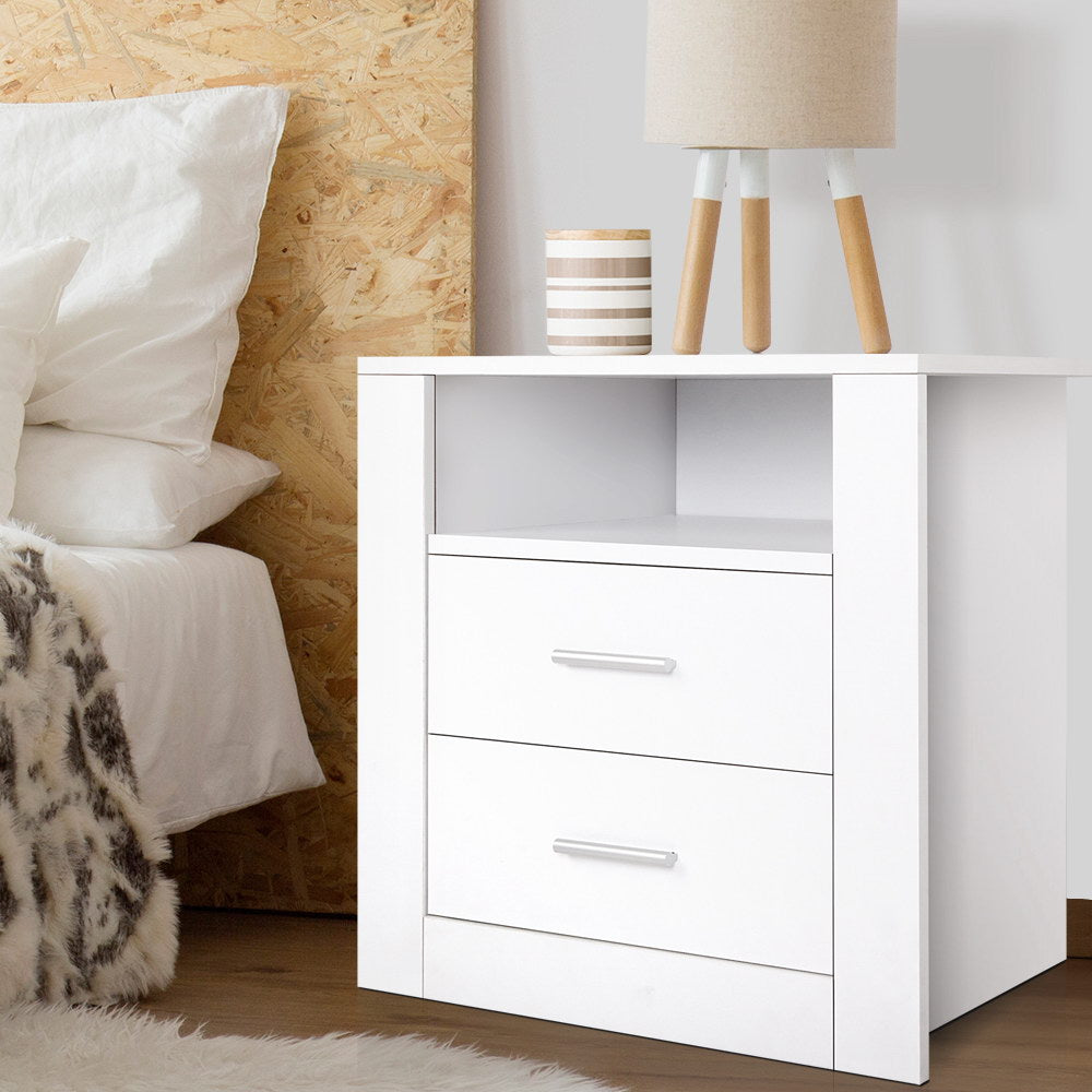 Bedside Table 2 Drawers with Shelf - TARA White