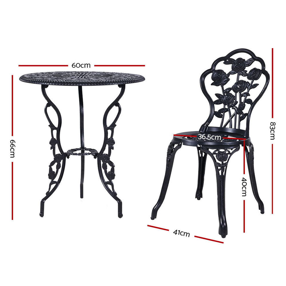 3PC Outdoor Setting Bistro Set Chairs Table Cast Aluminum Rose Black