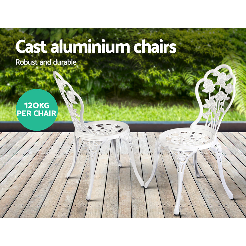 3PC Outdoor Setting Bistro Set Chairs Table Cast Aluminum Patio Furniture Rose White
